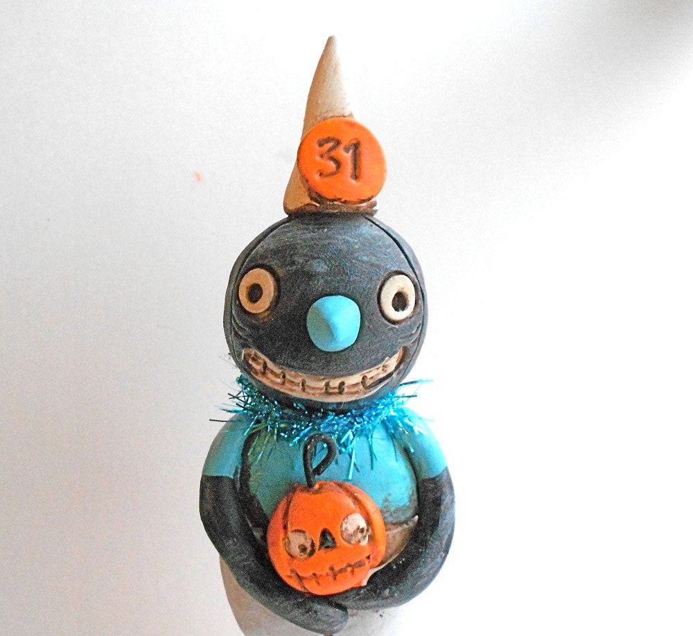 Halloween Jack O Lantern Boy in Black Original clay folk art sculpture