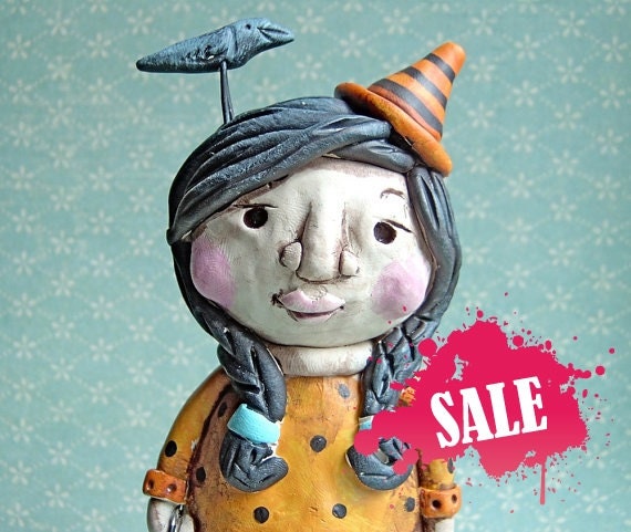 Sale Magdalen the Witch-clay folk art sculpture-READY TO SHIP