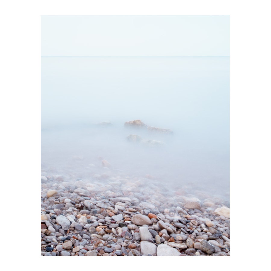 Beach Photography - Landscape Print, Seascape, Pebbles, Rocks, Shore, Fog, Stones, Pale Blue, Summer, Lake Huron, Bayfield - Emerge 8x10