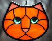 Orange Stained Glass Kitty Cat Face Suncatcher Green Eyes