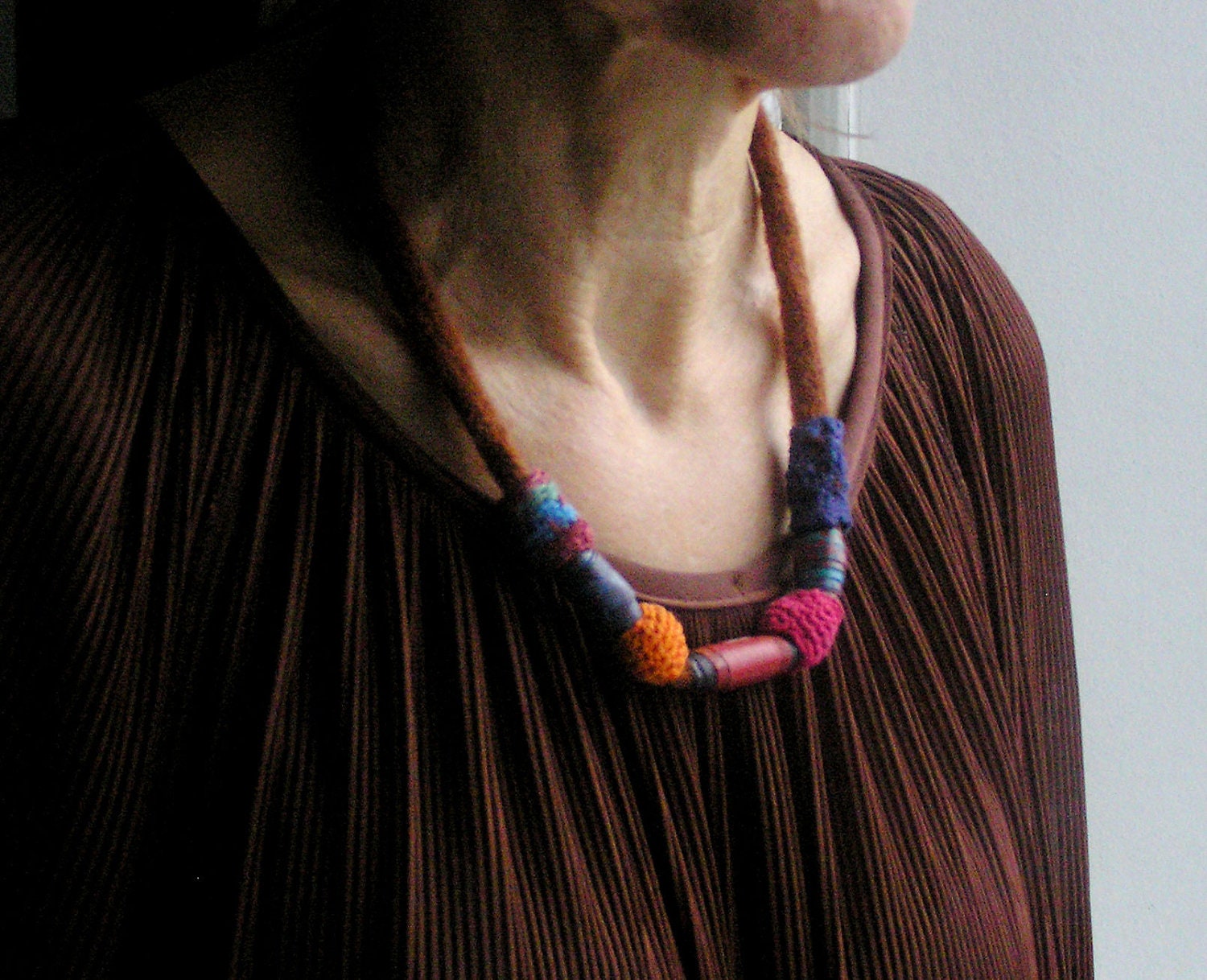 fiber art Necklace, textile Jewelry, bead necklace red orange blue knit necklace - Birribe