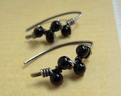 Oxidized Sterling Silver Hook Earrings, Black Onyx Earrings, Handmade Wire Wrapped Jewelry