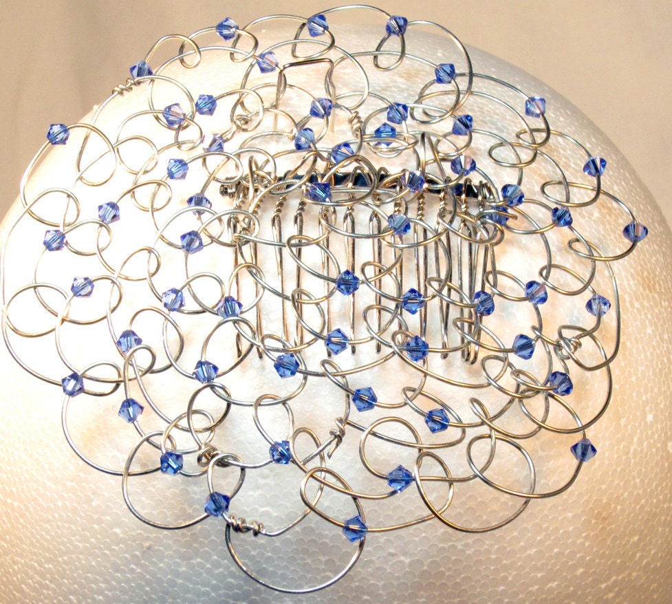 Blue Swarovski Crystals and Silver Wire 4.25" Beaded Wire Kippah -