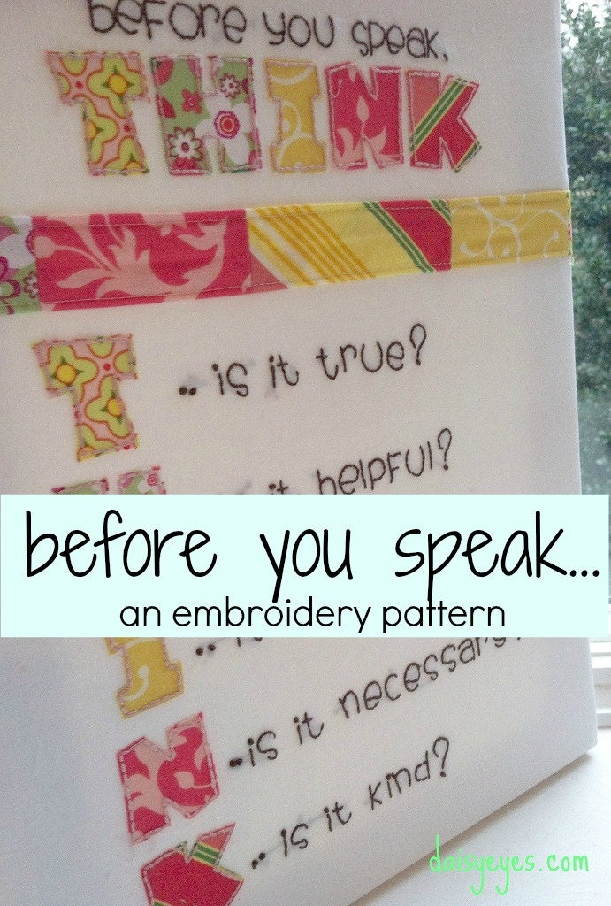 hand embroidery PATTERN pdf download: before you speak THINK Il_570xn