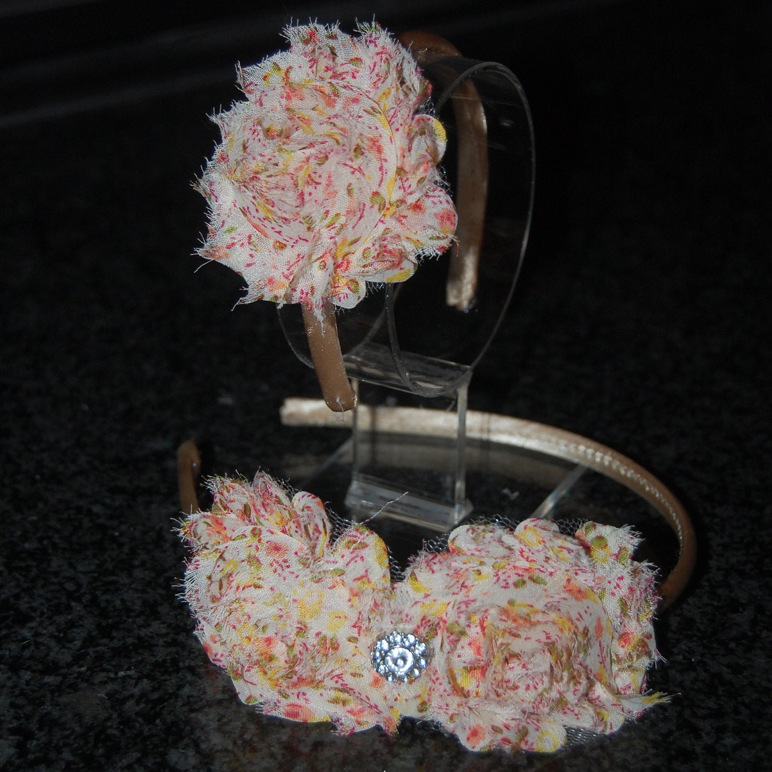 Doll and Child set floral / champagne covered headband with shabby chiffon flower for 15 to 18 inch dolls like American Girl Doll