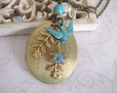 Long vintage locket necklace -  verdigris bird charm, Botanical Bird original design
