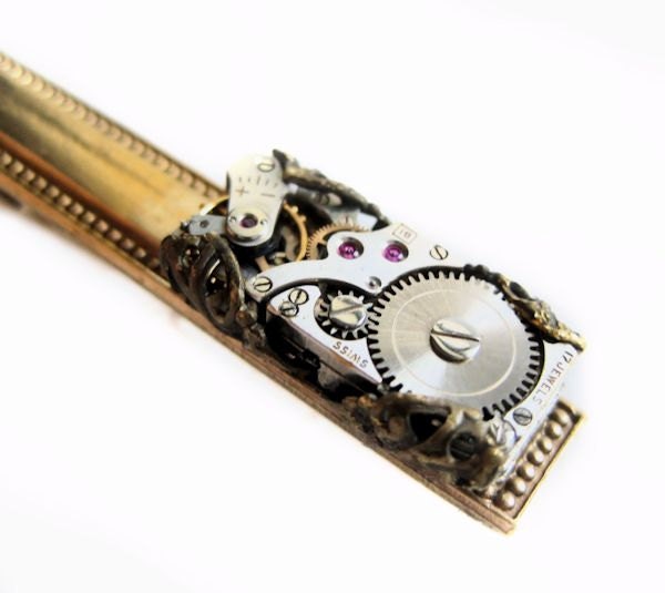 Steampunk tie bar, Men's tie bar with vintage watch mechanism alligator clip