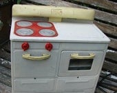 Vintage Childs Metal  Electric Stove and Oven Ivory Cream with Red and Yellow Trim