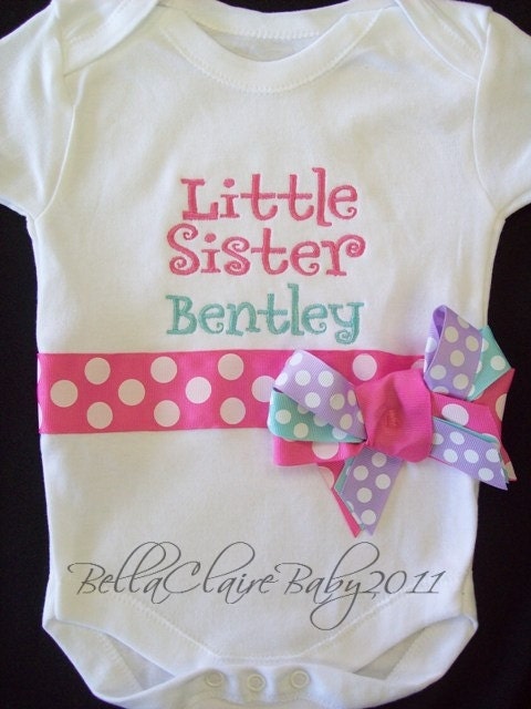 Little Sister Personalized bodysuit onesie for baby girls toddler-Custom design- Short sleeves Hot Pink Aqua Lavender Polka Dot Bows