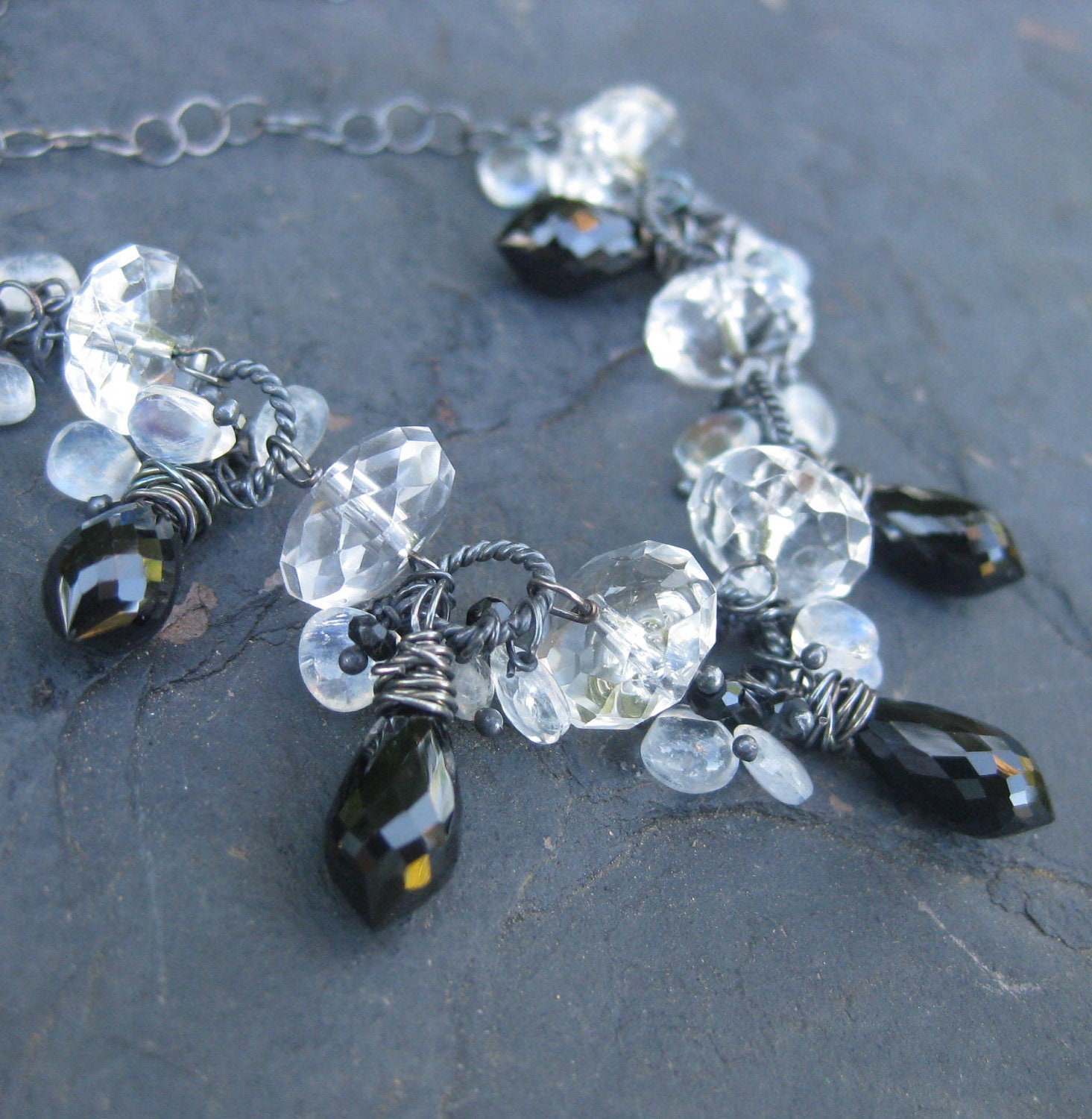 Moonstone necklace in oxidized sterling silver crystal quartz black spinel moonlight dark stormy lightning bubble mermaid style --Katerina--