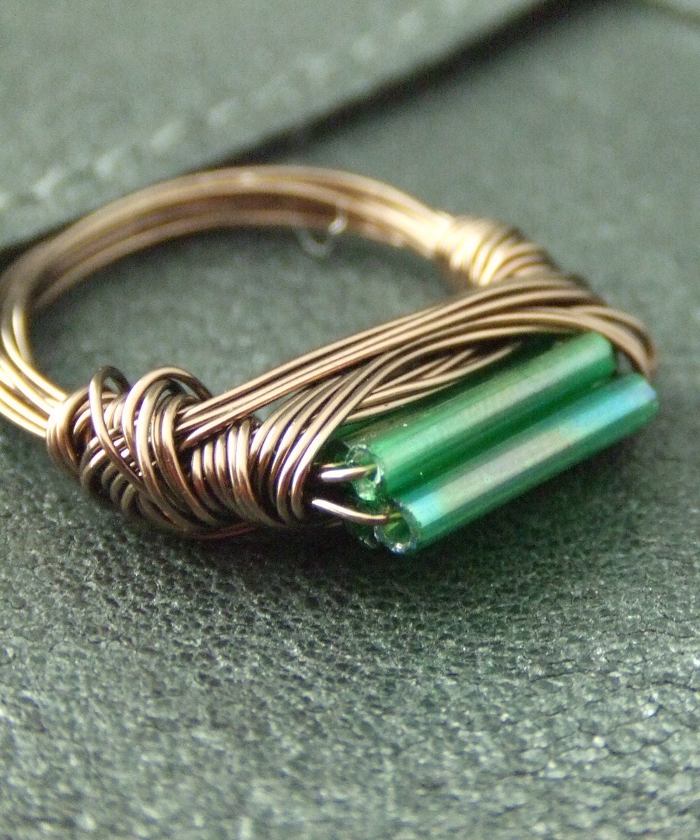 Urban Grass - Hunter Green Tube Bronzed Ring - Boho Style -Grey