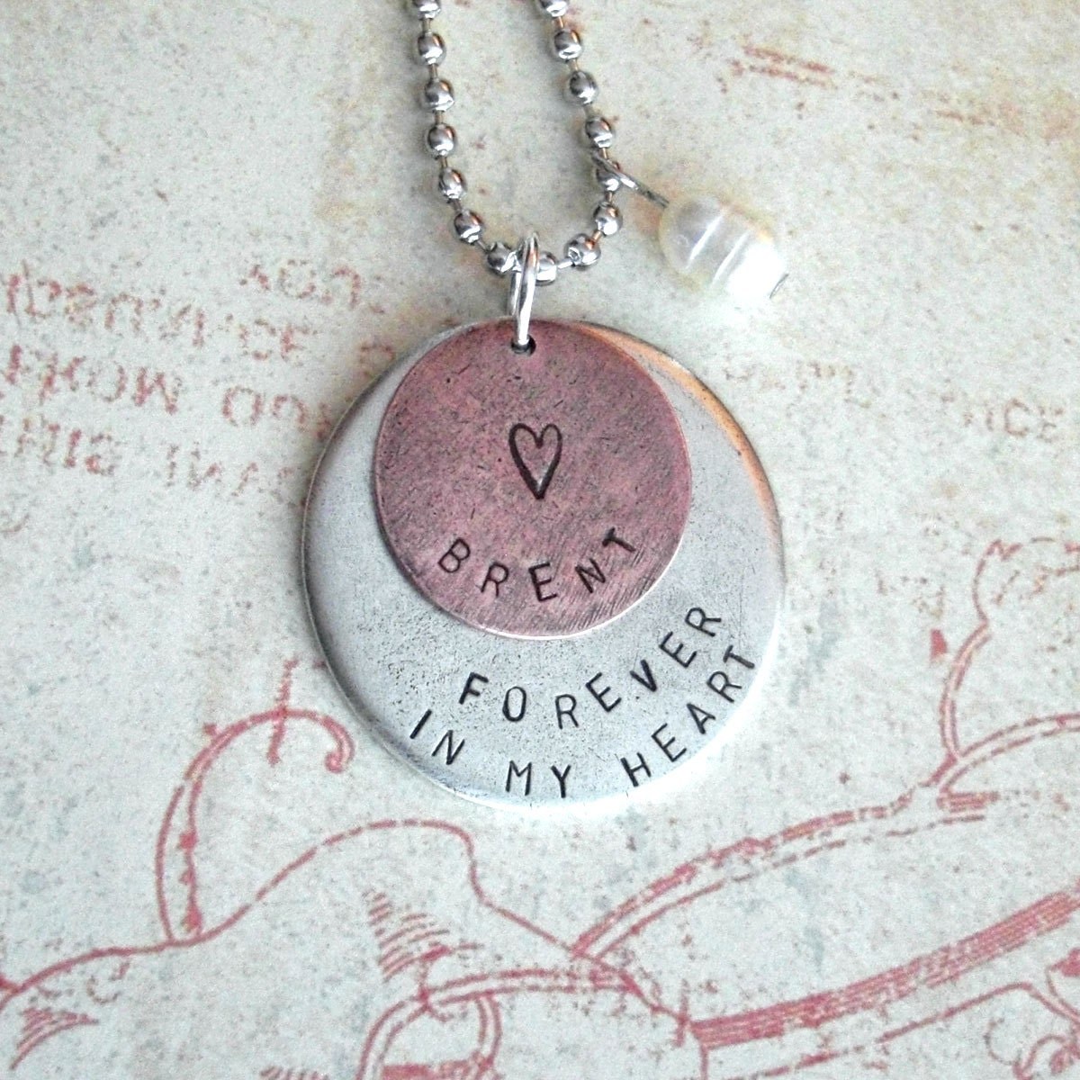 Custom Memory Necklace . Round Pendant . Hand Stamped charms . Lat Long OR Phrase . customize antiqued metal disc . Copper, Silver or Gold