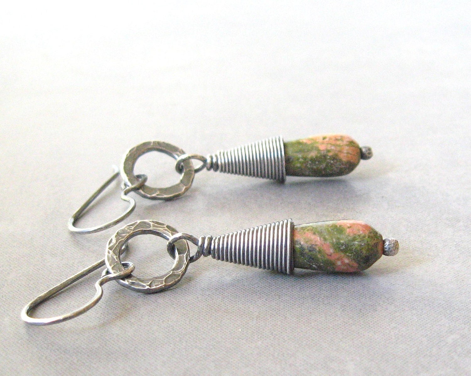 unakite and silver dangle earrings, earthy rustic tribal earrings, sterling ear wires and fine silver rings - theBeadAerie