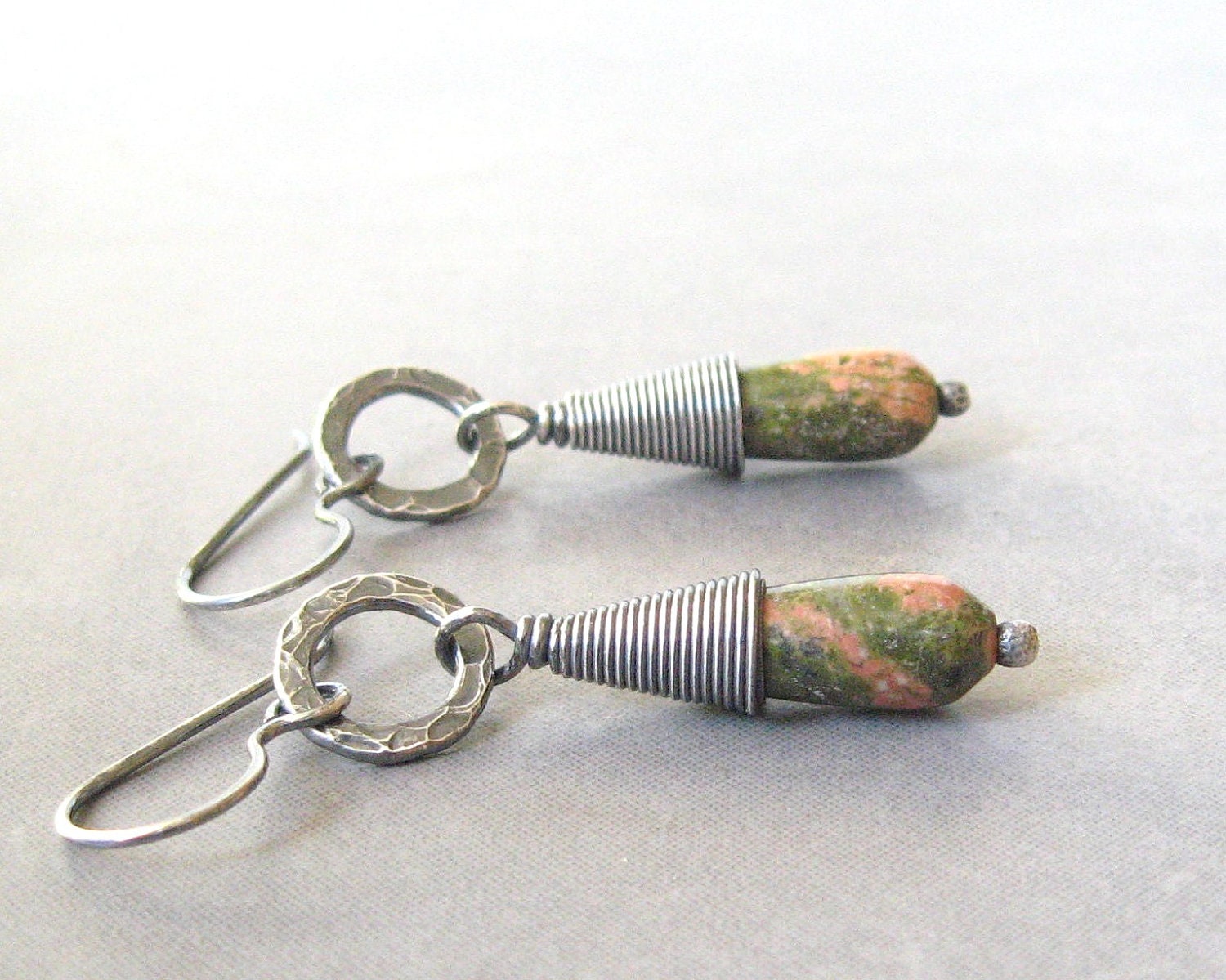 unakite and silver dangle earrings, earthy rustic tribal earrings, sterling ear wires and fine silver rings