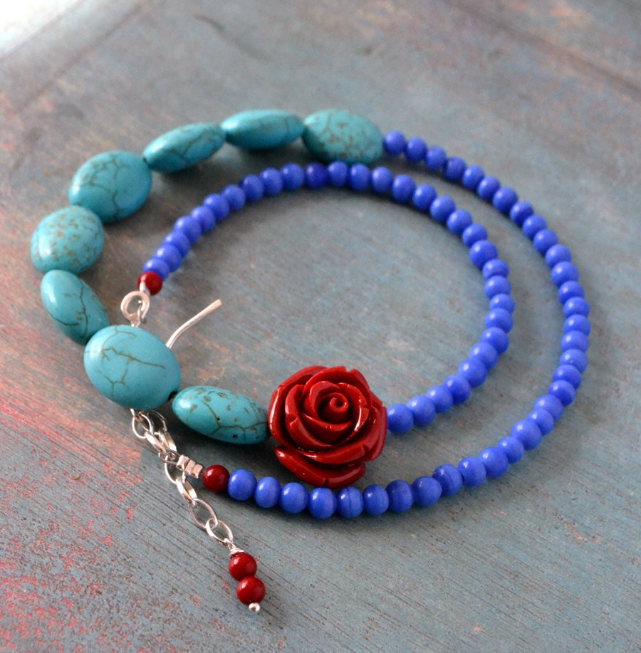 Frida necklace in turquoise oval stone and king's blue glass stones - sterling silver