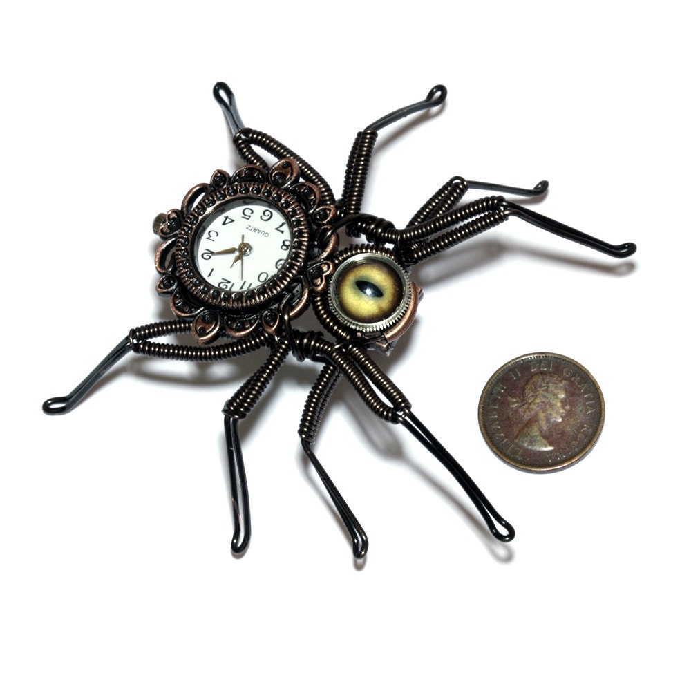 Steampunk Neo Victorian Spider Lapel pin Sculpture with Working Watch and Taxidermy Glass Eye