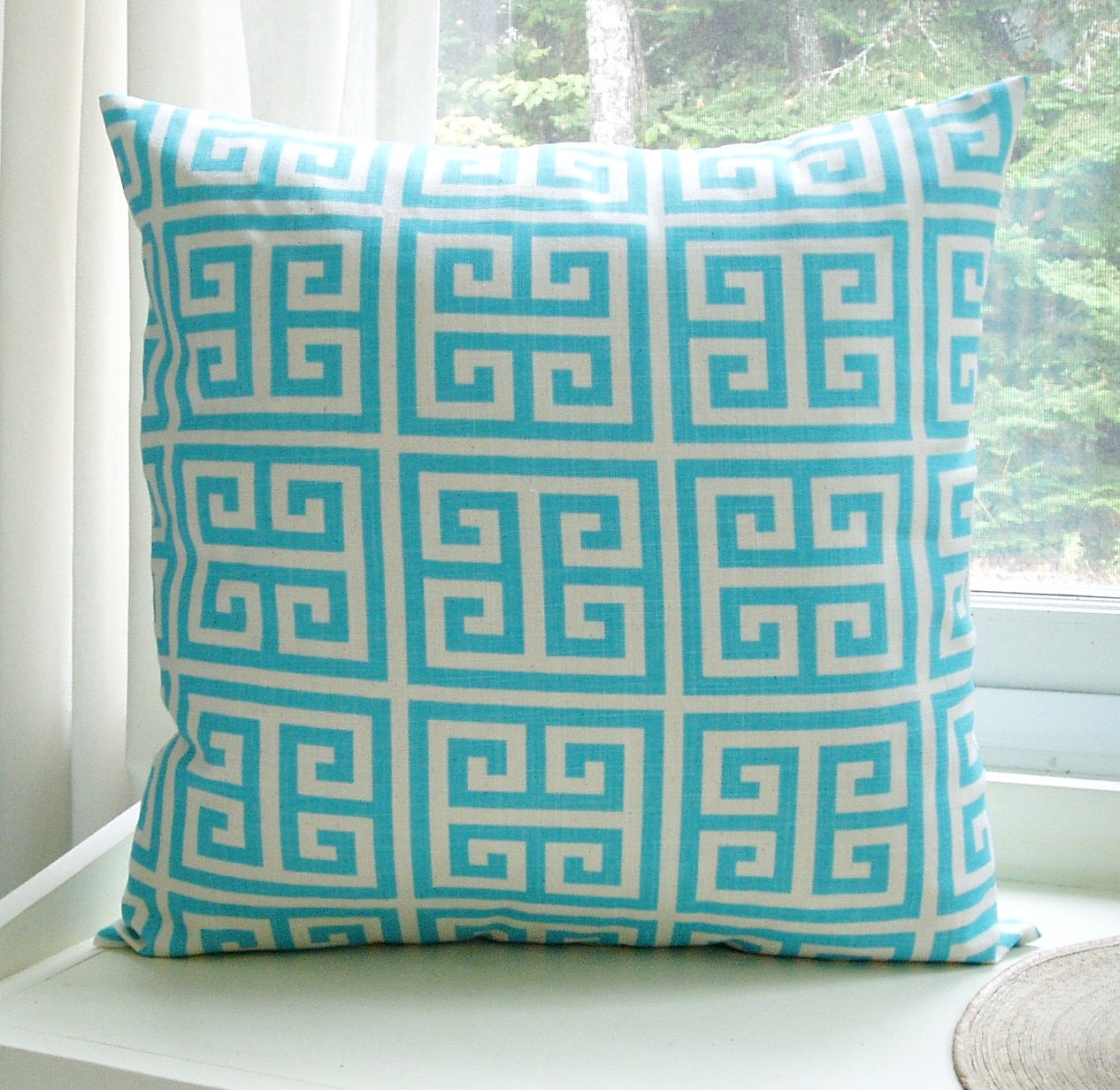 Turquoise Pillow Cover Decorative Pillow 22x22 Cushion cover Greek Key Pillow - BlossomPillowCo