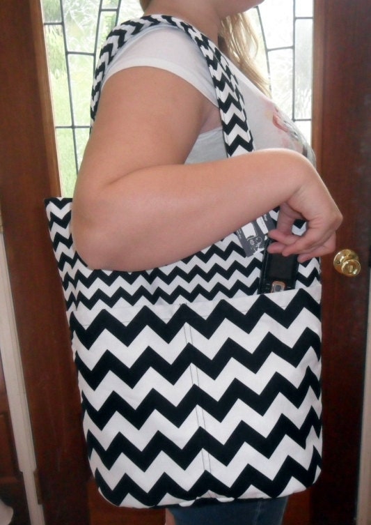 Chevron Black and White Large Tote Bag Purse STUNNING