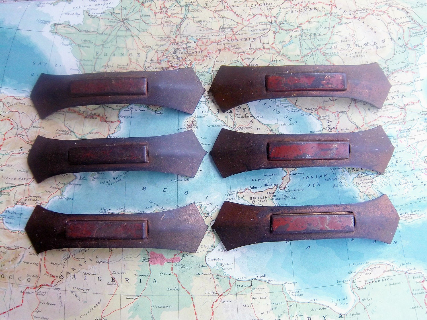6 vintage Art Deco distressed dark metal pull handles with bakelite amber accents includes hardware