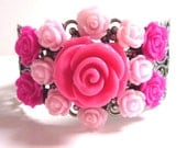 Pink Flower Cuff, Rose Pink Magenta Resin Flower Bracelet, Vintage Inspired Rose Cuff, Adjustable, Shabby Chic, Valentines Day