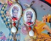 Lilygrace Scarlet and White Frida  Cameo Earrings with Vintage Rhinestones and Little Birds