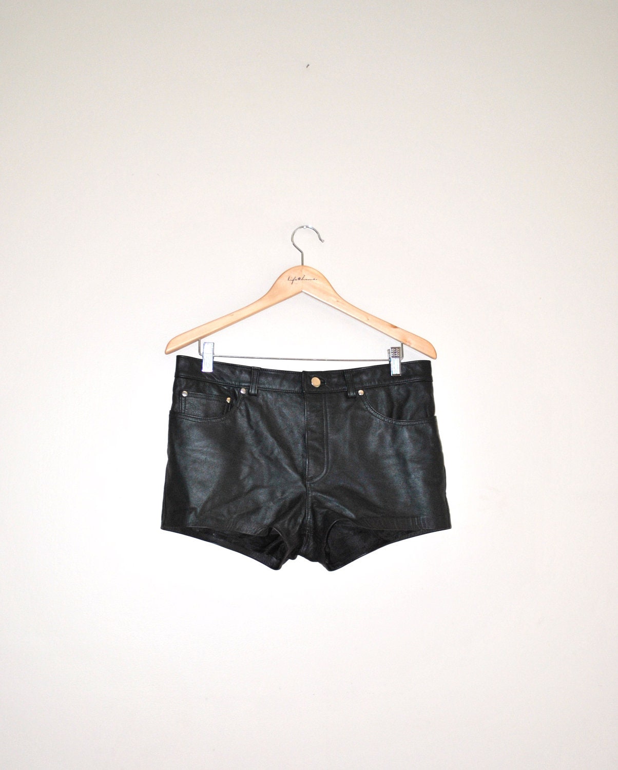 80s leather shorts // black leather button fly // vintage 1980s black leather shorts