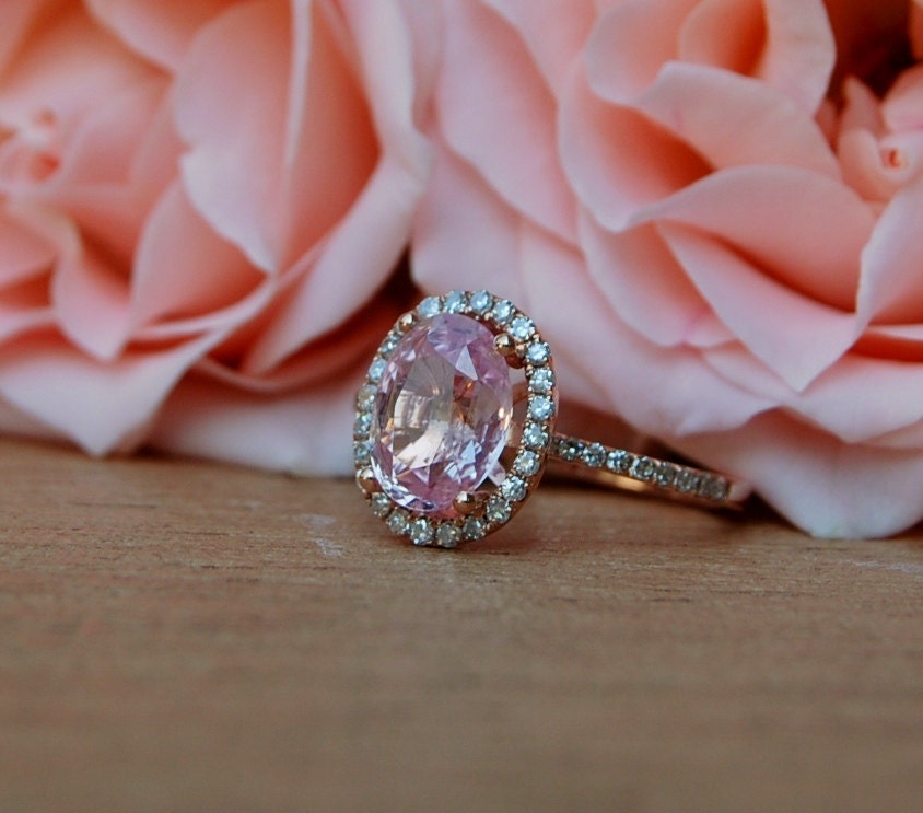 2.2ct Oval champagne peach sapphire diamond ring 14k rose gold