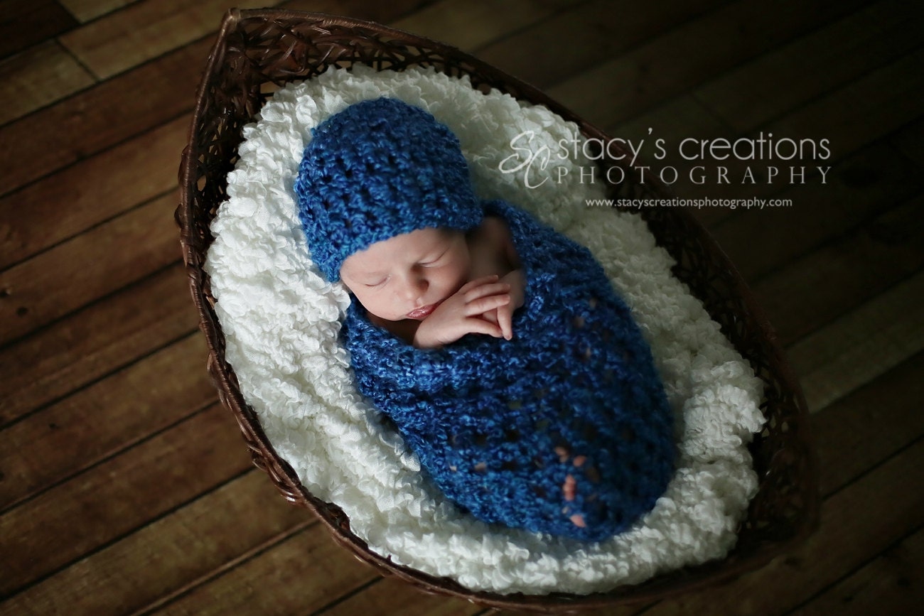 Baby Cocoon, Crochet Cocoon, Cocoon and Hat, Baby Cacoon, Boy Cocoon, Baby Pod, Newborn Cocoon, Infant Cocoon, Photo Prop Blue