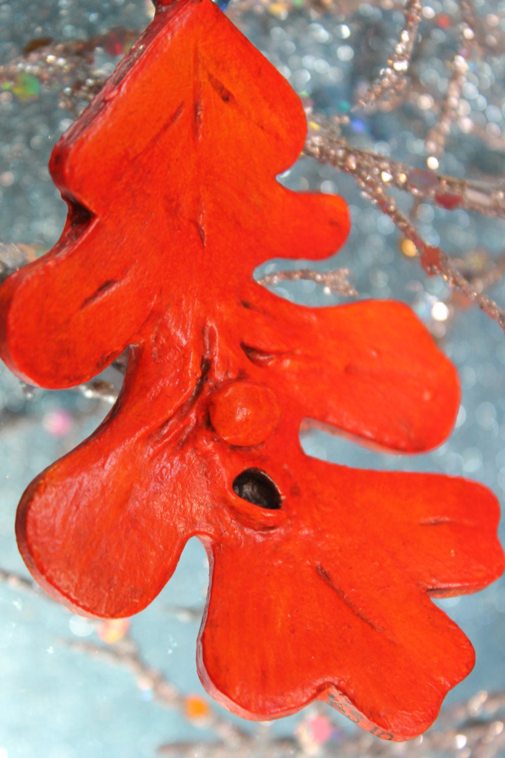 Halloween Folk Art Red Orange Sleeping Oak Leaf Paperclay Ornament