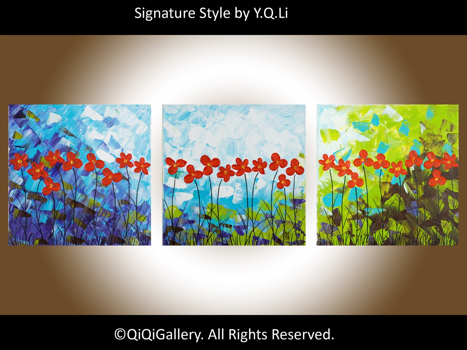 36" Original Modern Abstract Heavy Texture Impasto Palette Knife Painting Landscape Flower Wall Decor "Red Delight" by QIQIGALLERY