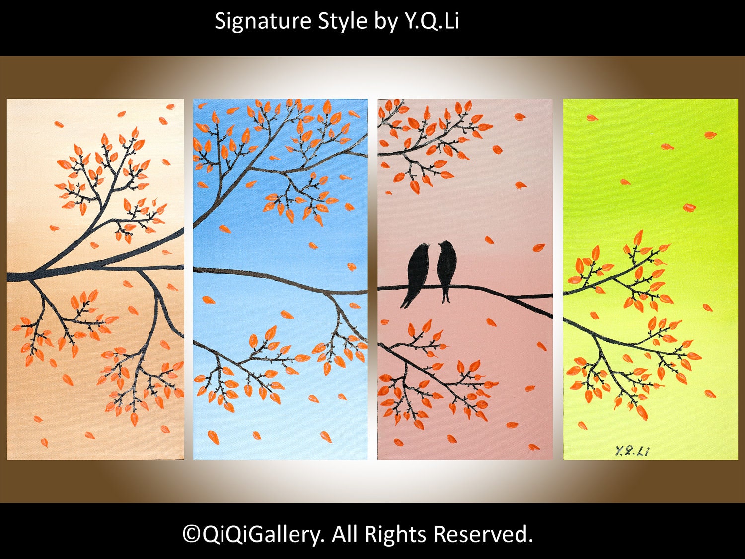 Contemporary Landscape abstract birds Painting Original Modern Palette Knife Tree Wall Decor "Love Birds on Branches" by QIQIGALLERY