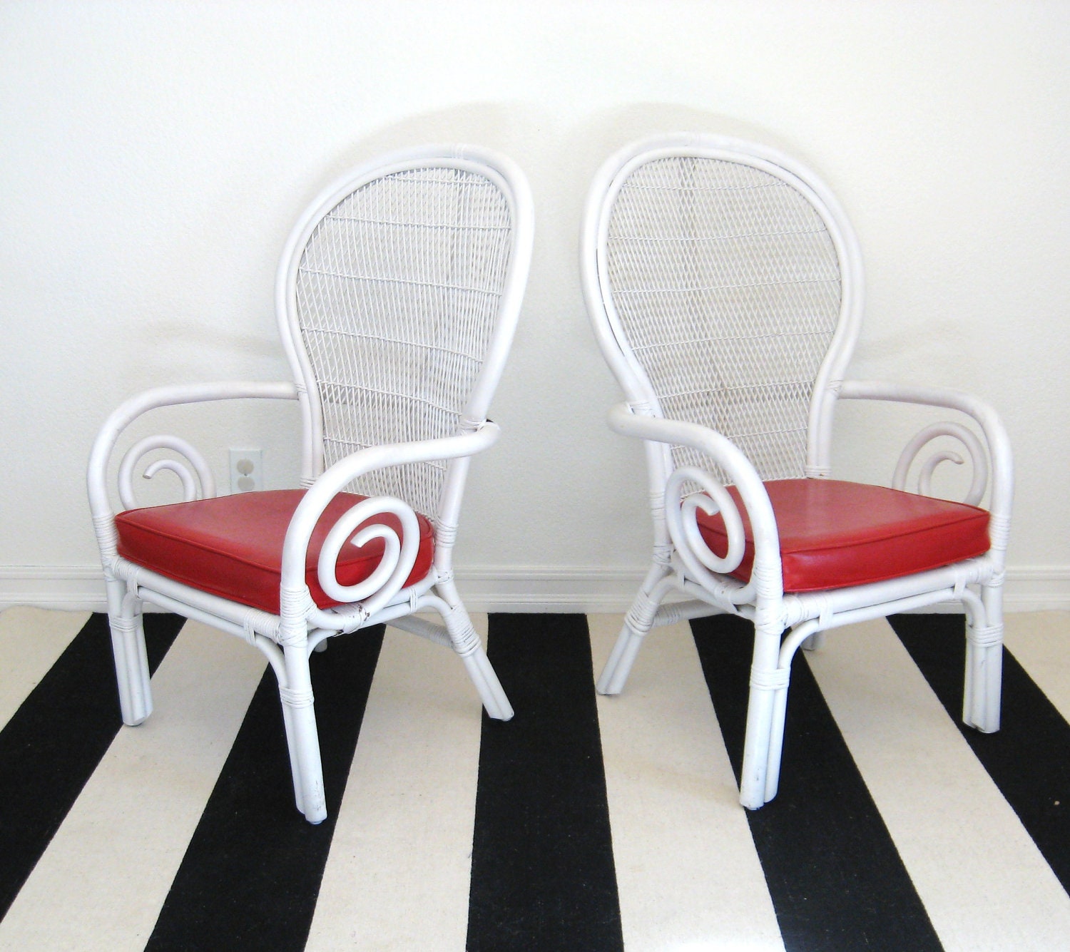 Vintage Pair FAN Back WHITE RATTAN Thonet Style Chairs
