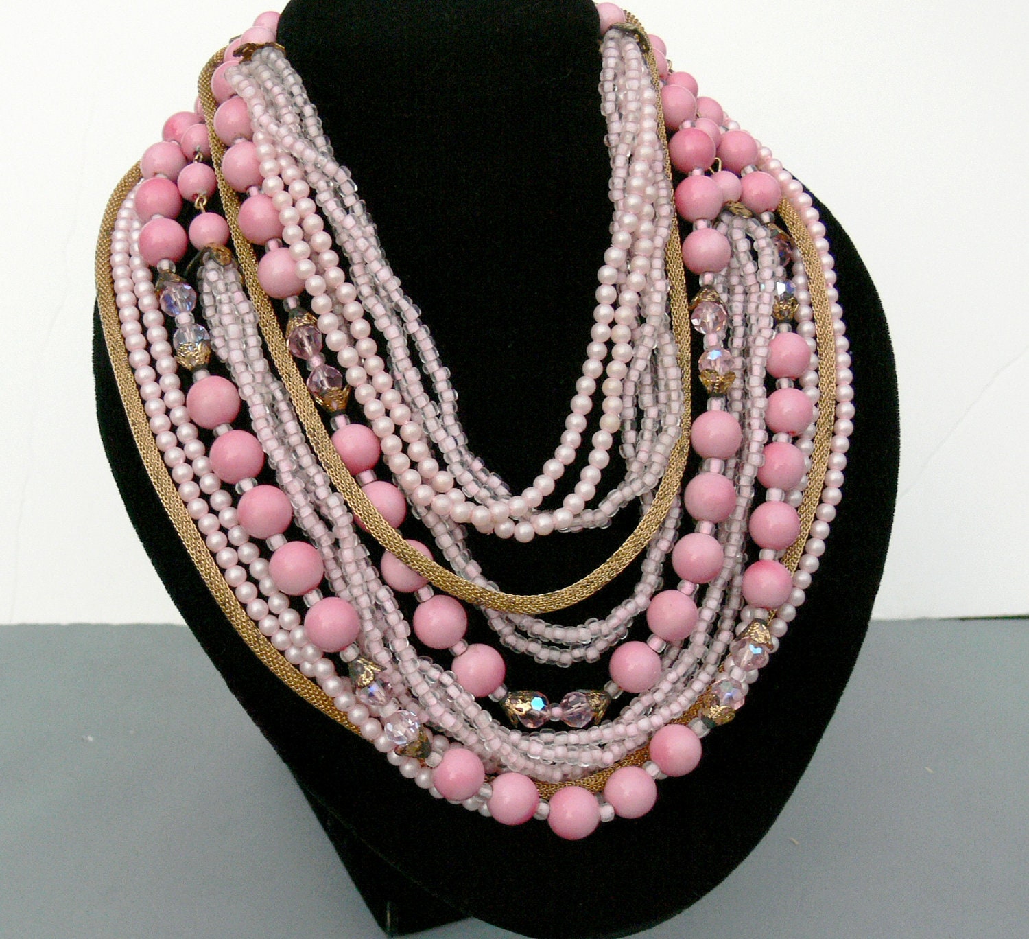 Vintage Pink Beaded Multi Strand Necklace
