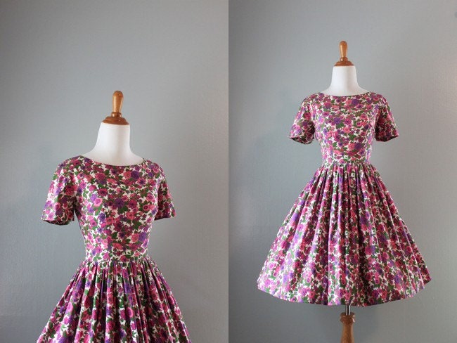 Vintage 50s Dress / 1950s Floral Garden Party Dress / 50s Cotton Full Skirt Dress