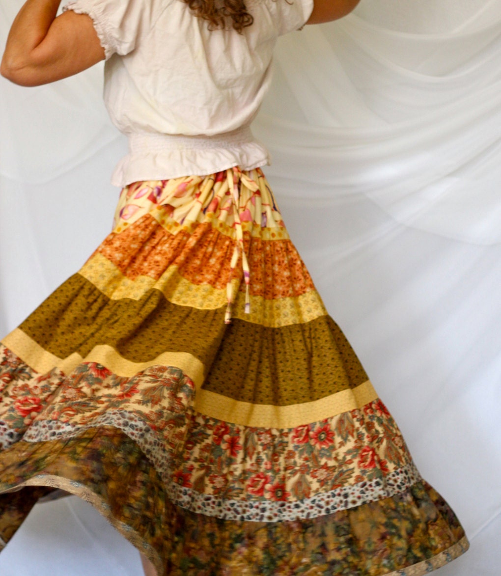 Long Bohemian Patchwork Skirt with Modified Bustle or All Around Gather Waist