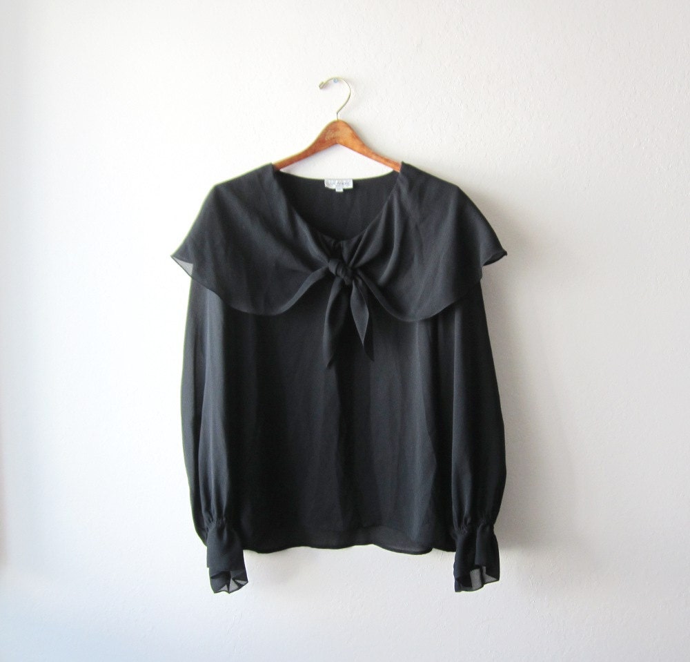 Vintage Black Front Tie Chiffon Blouse Size Large