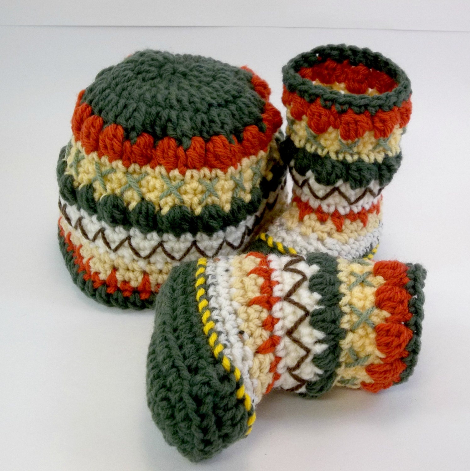 Crochet Baby Hat and Mukluk Booties Autumn Colors OOAK Size 3-6 Months - TwentySecondStreet