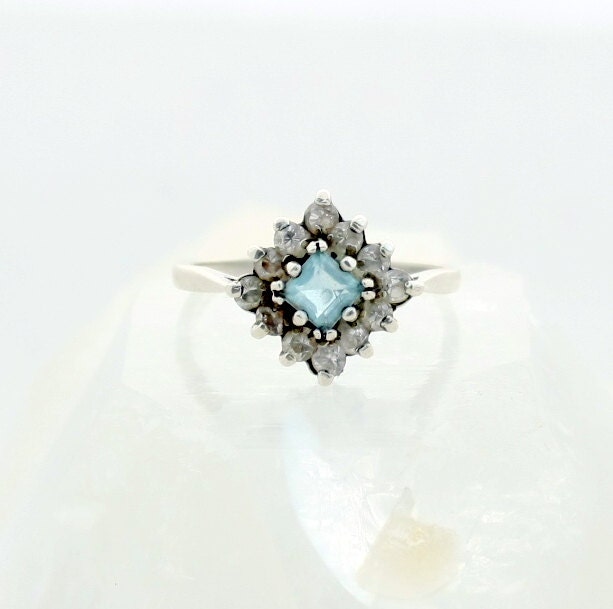 Vintage Aquamarine Ring, Sterling Silver, Faux Diamonds, Size 7