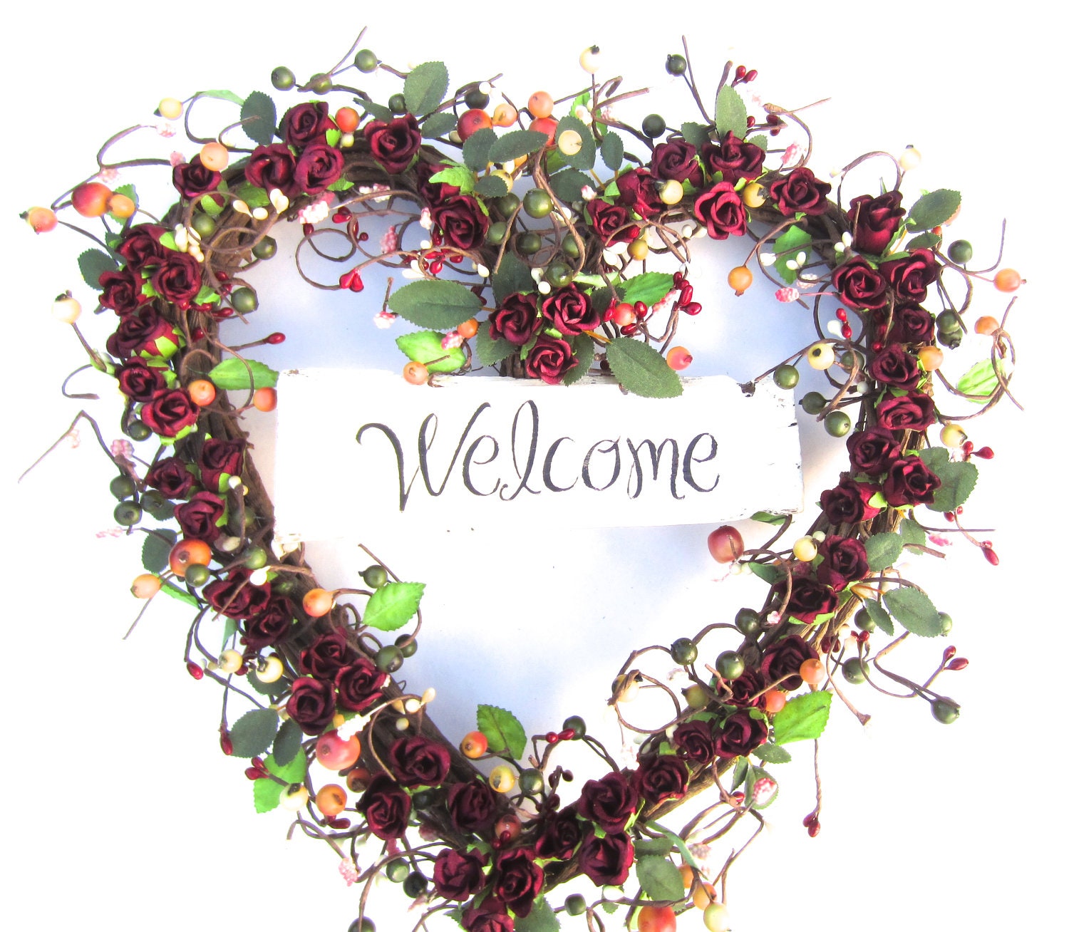 Heart shaped wreath - burgundy paper roses and welcome sign - front door decoration - hostess gift