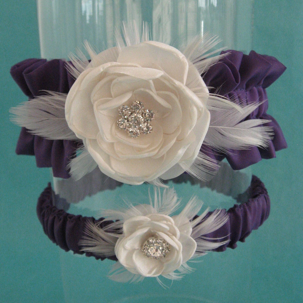 Garter, Set, Purple Garter, Satin, Ivory, Bridal Garter, Wedding garter L306, bridal garter accessory