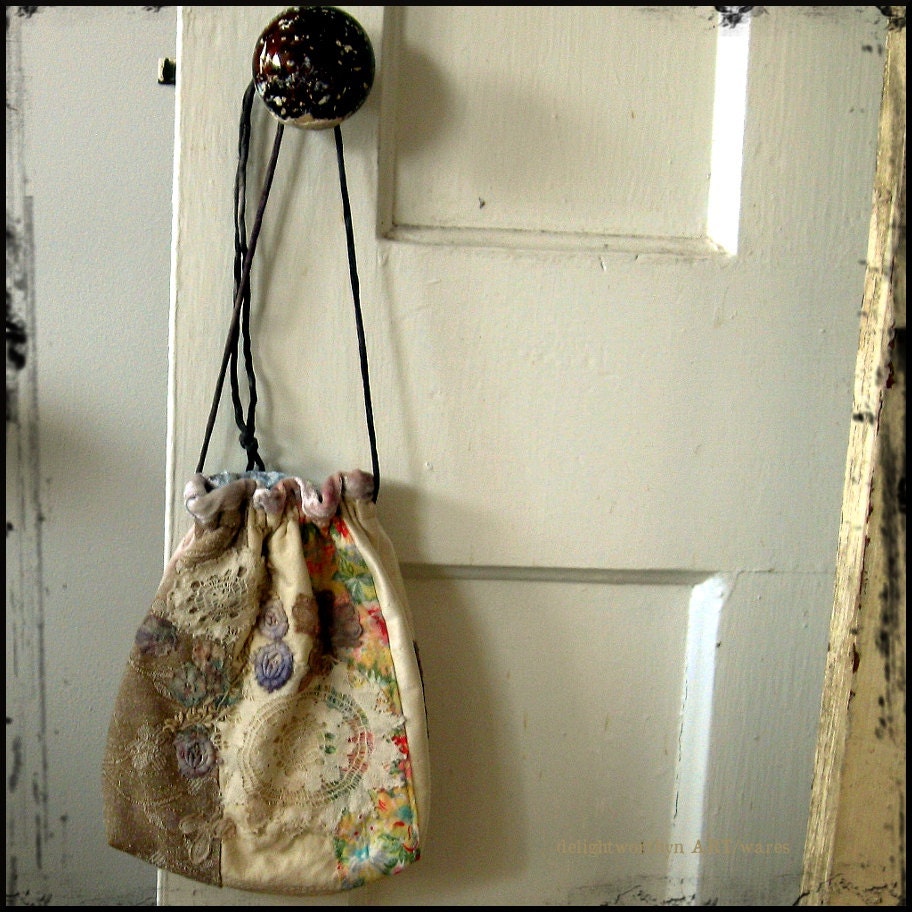 Ivory Tattered Silk Drawstring Reticule
