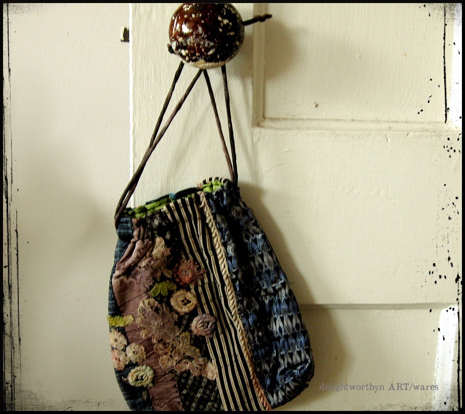 Blue Tattered Silk Drawstring Reticule
