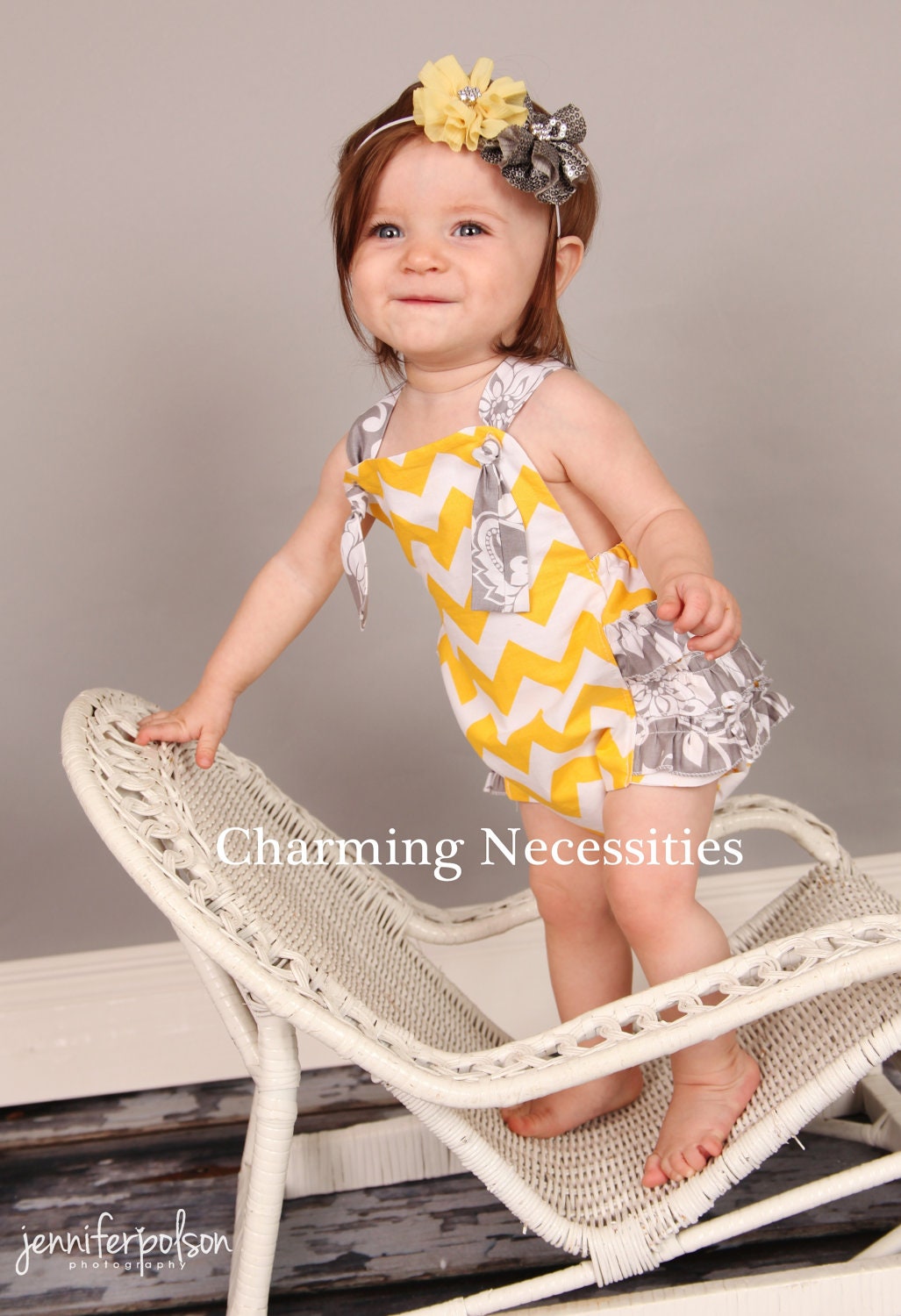 Yellow Chevron Baby Girl Sunsuit Romper Bubble with Ruffles You Are My Sunshine Yellow and Gray Chevron