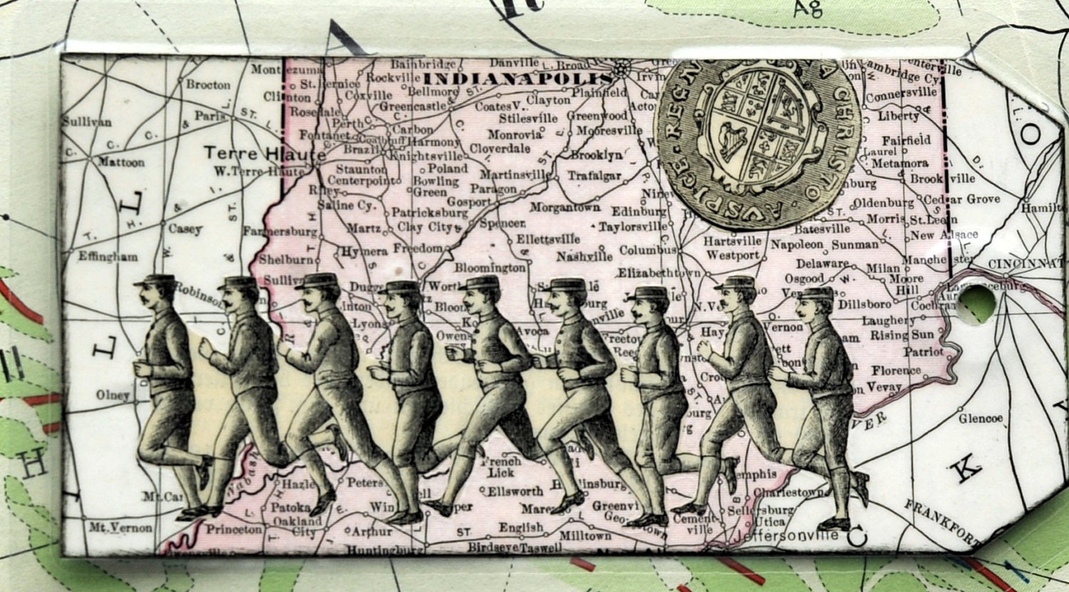 Upcycled Laminated Bag / Luggage Tag / Keepsake. The Running Man / Jumping Man. Handcrafted Collage from Vintage Maps & Images