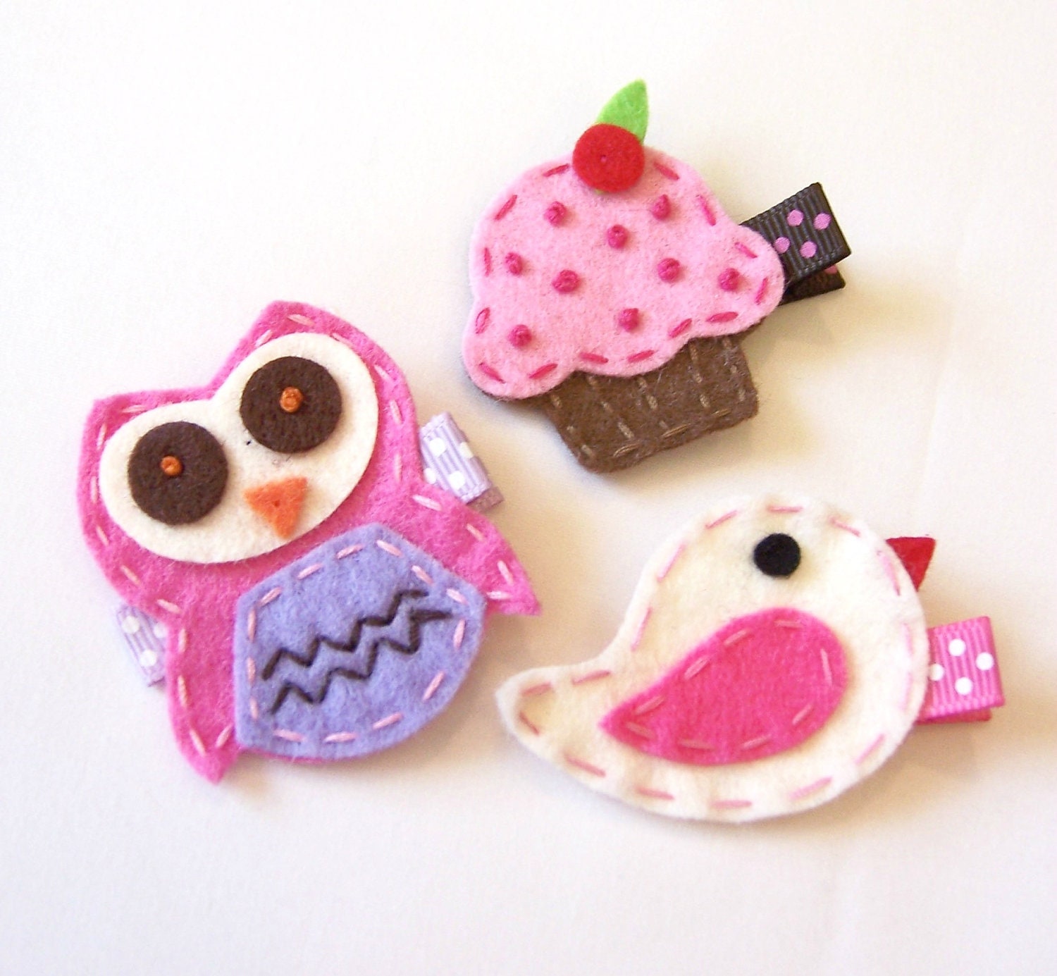 Felt Owl, Cupcake, Bird Hair Clip Sampler - Pink, Chocolate, White Clippies - Birthday present or baby shower gift - SPECIAL Price