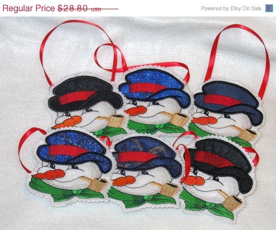 SALE Snowman treat Bag Set of 6 with ribbon handle, applique hat, and detailed machine embroidery Il_170x135