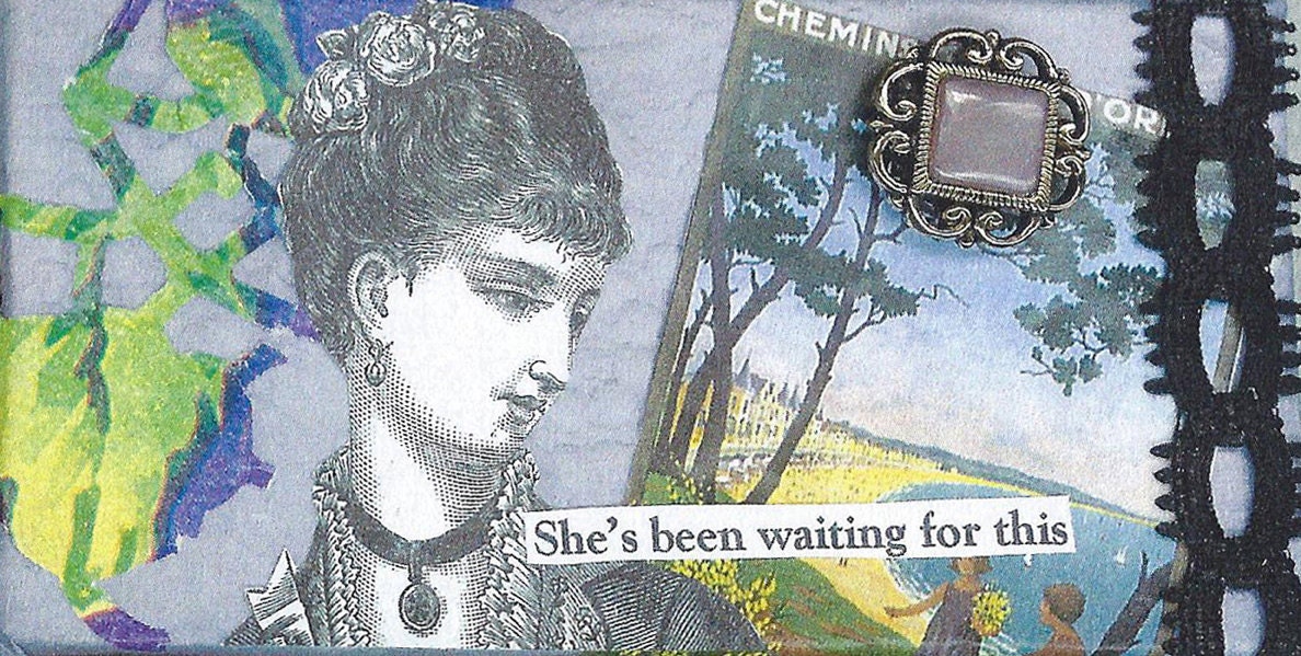 Vintage Style Original Whimsical Collage Art Small Geekery Handmade On Easel Violet Purple :  A Woman Is Waiting