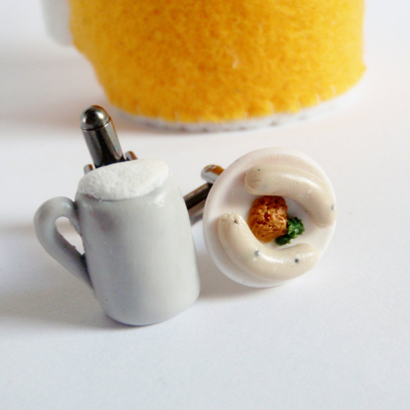 German Sausage and Beer Cufflinks - Miniature Food Art Jewelry by Schickie Mickie 100% handmade