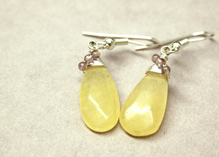 Sterling Silver wire wrapped calcite earrings with amethyst beads  - semiprecious earrings - gemstone earrings - Ships Immediately