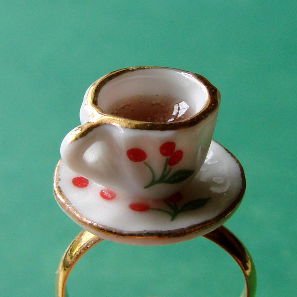 Miniature Teacup Adjustable Ring - Tiny Cherry Tea Cup